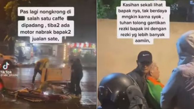 Dagang di Tengah Hujan, Penjual Sate Langsung Terduduk Lemas saat Gerobaknya Hancur Ditabrak Sepeda Motor