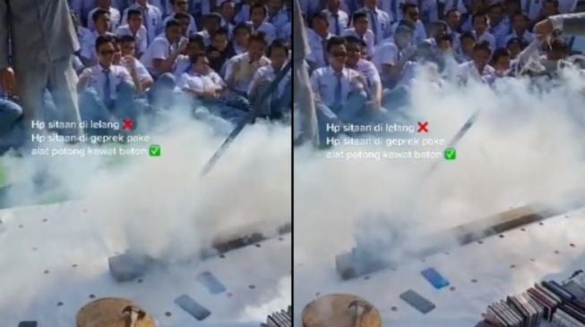 Remuk! Puluhan HP Sitaan Milik Siswa Dilindas Pengajar Pakai Alat Pemotong Kawat Beton, Warganet: Terlalu Ekstrem