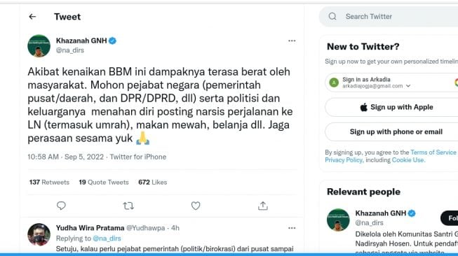 Lewat Akun Twitter, Tokoh Muda NU Ini Sentil Anggota DPR di Tengah Naiknya Harga BBM