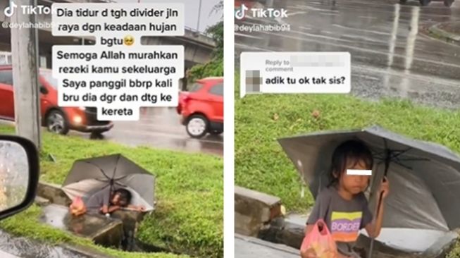 Pilu! Dagangan Sepi Akibat Hujan, Bocah Penjual Mangga sampai Tertidur di Selokan sambil Bawa Payung