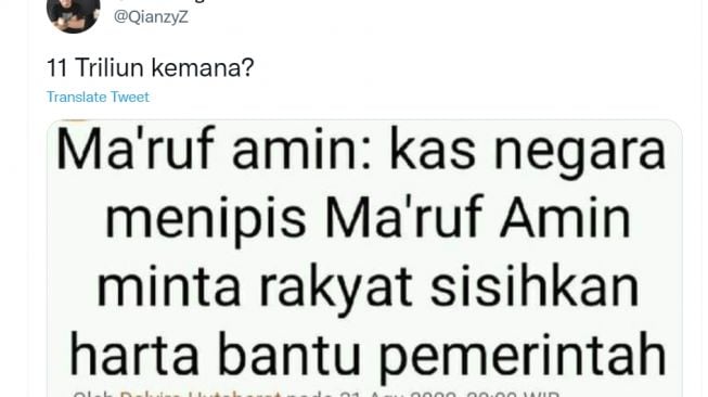 Klaim akun Twitter soal Wapres Ma'ruf Amin minta rakyat bantu kas negara (Twitter/ @QianzyZ).