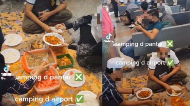 Bak Piknik, Satu Keluarga Gelar Tikar di Bandara sampai Hidangkan Makanan Lauk Pauk dan Sepanci Nasi