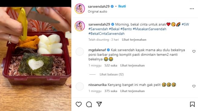 Ide Bekal Anak Sekolah ala Sarwendah ( Instagram/@sarwendah29)