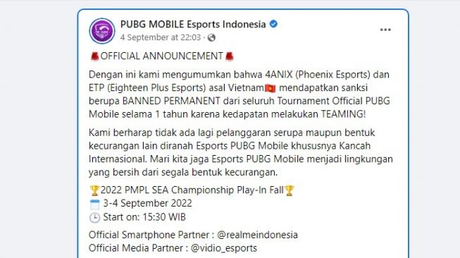 Pengumuman Phoenix dan Eighteen Plus terkena banned dari PUBG Mobile Esports Indonesia. (Facebook / @PUBGMesportid )