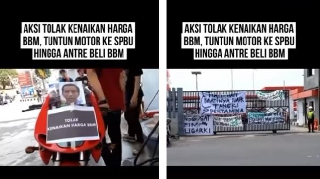 Spanduk 'Hati-hati, nanti matinya naik tangki Pertamina' terbentang di demo tolak kenaikan harga BBM. (Instagram/@majeliskopi08.id)