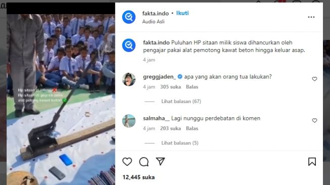 Heboh, Puluhan HP Sitaan Milik Siswa Dihancurkan Pengajar Pakai Alat Potong Kawat Beton, Warganet: Nunggu Perdebatan