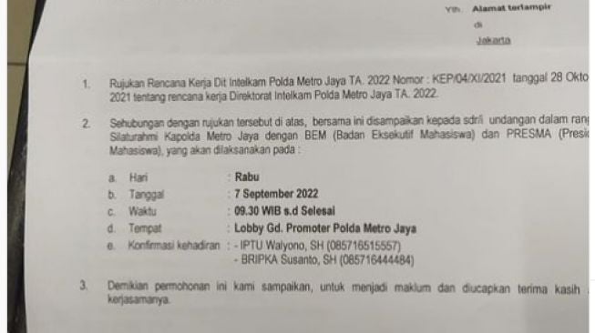 Viral foto undangan silaturahmi Kapolda Metro Jaya untuk perwakilan BEM sejumlah kampus di Jakarta. Undangan itu beredar jelang mahasiswa demo tolak kenaikan harga BBM, Kamis besok. (Tangkapan layar)