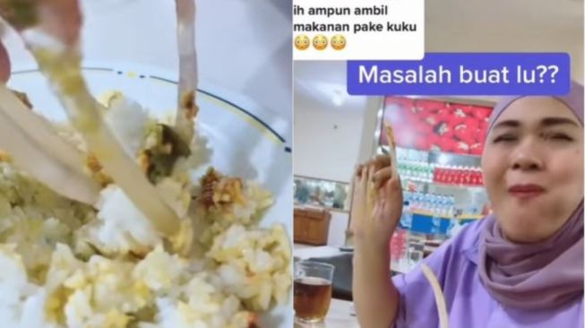 Wanita Ini Makan Nasi Padang Pakai Kuku Panjang Bak Sistem Mesin Capit, Bikin Jijik