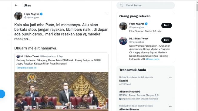 Puan Maharani Rayakan Ulang Tahun padahal Gedung DPR Digeruduk Massa Aksi Demo, Fajar Nugros Beri Sindiran Begini