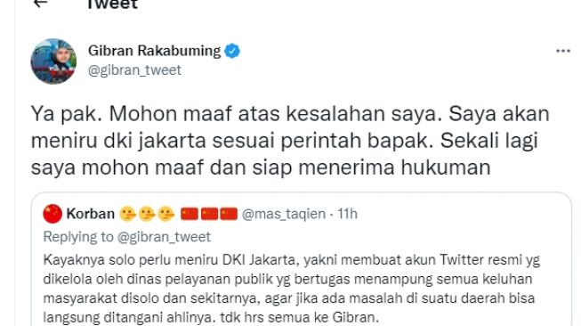 Tanggapan Walikota Solo Gibran Rakabuming di Twitter (Twitter/ Gibran Rakabuming).