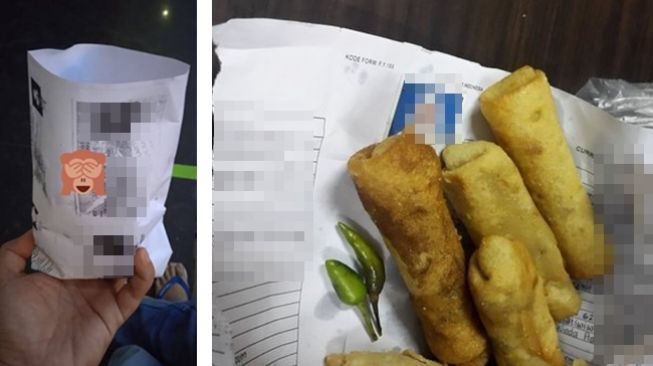Foto berkas-berkas rahasia seperti KTP dan rapor yang dipakai untuk membungkus gorengan. (Twitter)