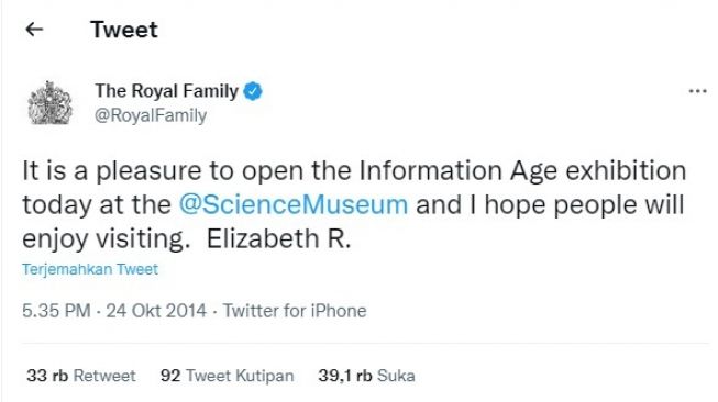 Cuitan pertama Ratu Elizabeth II. (Twitter / @RoyalFamily)