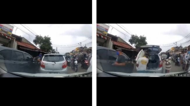 Duh! Macet Parah Gegara Mobil Parkir di Tengah Jalan, Ternyata Pemiliknya Emak-emak Lagi Santai Beli Beras