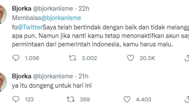 Cuitan Hacker Bjorka di Twitter (Twitter/@bjorkanisme).