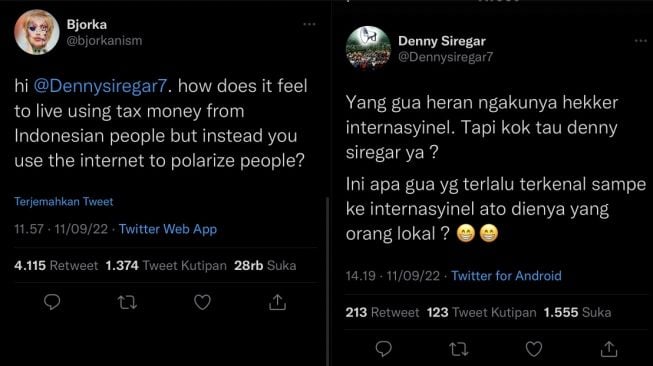 Cuitan Denny Siregar yang curiga hacker Bjorka orang Indonesia. (Twitter.com)