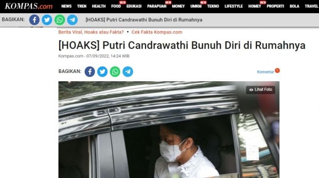 Hoaks kabar Putri Candrawati bunuh diri. [Dok.Istimewa]