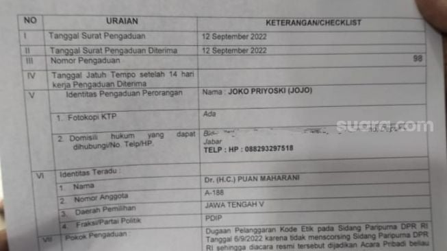 Surat penerima laporan Joko Priyoski yang melaporkan Ketua DPR Puan Maharani di MKD. (Suara.com/Bagaskara).