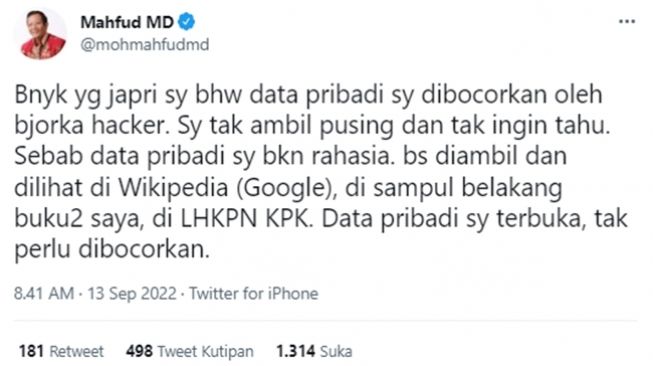 Mahfud MD Tak Mau Ambil Pusing Data Pribadinya Disebar, Warganet malah Perdebatkan Ini