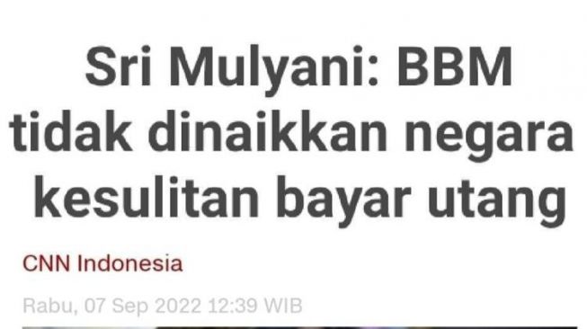 CEK FAKTA: Benarkah Pernyataan Sri Mulyani Soal BBM Tidak Naik Menyebabkan Negara Sulit Bayar Utang?