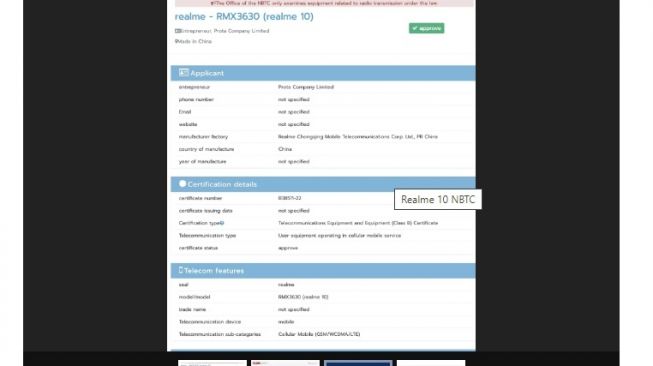 Daftar NBTC telah mengungkapkan model Realme 10 [Gizmochina]