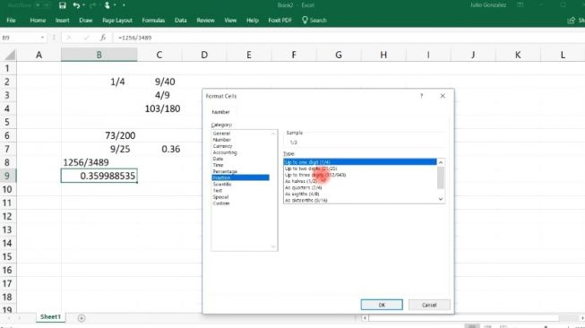 Ilustrasi desimal ke pecahan di Excel. (YouTube / The Organic Chemistry Tutor)