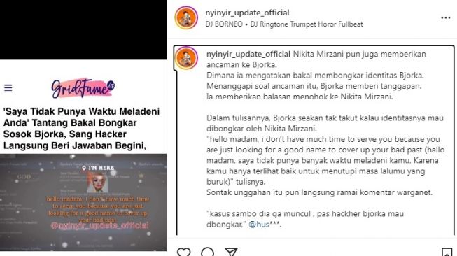 Unggahan soal Nikita Mirzani [Instagram/@nyinyir_update_official]