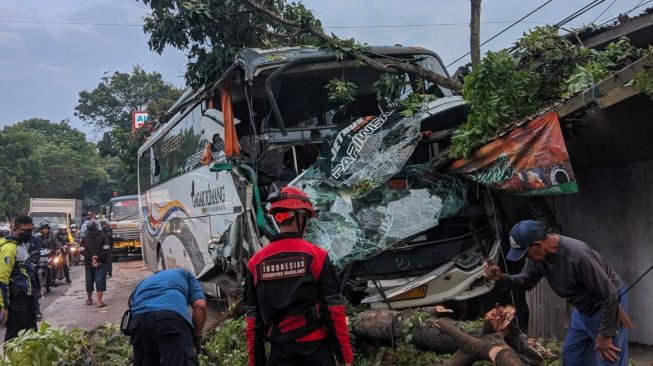 Sopir Mengantuk, Bus Pariwisata Tabrak Tiga Pohon di Cianjur