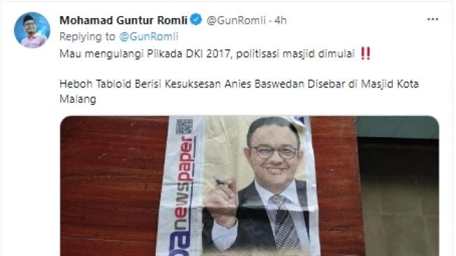 Cuitan Guntur Romli komentari tabloid Anies Baswedan yang tersebar di majid kota Malang. (Twitter/GunRomli)