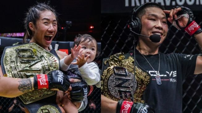 Juara Dunia ONE Women Atomweight Angela Lee (kiri) menggendong sang anak dan juara dunia ONE Women strawweight Xiong Jing Nan (kanan). ANTARA/HO-ONE Championship