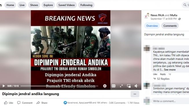 CEK FAKTA: Benarkah Panglima TNI Jenderal Andika Perkasa pimpin langsung TNI obrak-abrik rumah Effendi Simbolon? (Facebook/News PAJA)