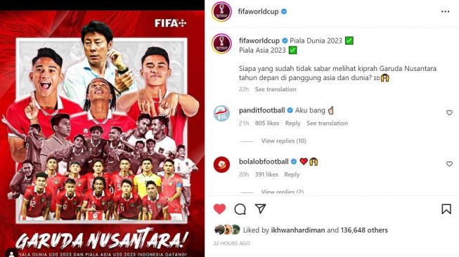 Unggahan akun @fifaworldcup yang menampilkan poster pelatih Shin Tae-yong dan Timnas Indonesia U-20 yang berhasil lolos ke Piala Asia U-20 2023 dan Piala Dunia U-20 2023. [@fifaworldcup]