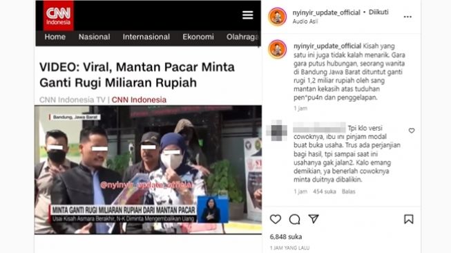 Wanita di Bandung digugat ganti rugi Rp 1,2 miliar setelah putus dari pacar. (Instagram/@nyinyir_update_official)