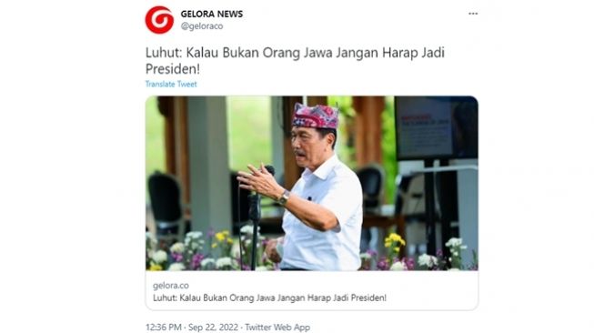 Penggalan pernyataan Luhut Binsar Pandjaitan soal presiden dan suku Jawa yang dinilai rasis. (Twitter/@geloraco)
