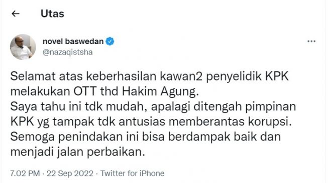 Cuitan Novel Baswedan menyindir ketua KPK. 