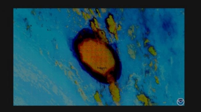 Tangkapan gambar inframerah untuk mendeteksi abu vulkanik dan gas sulfur dioksida dari letusan Tonga. [NOAA]