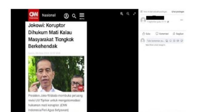 Tangkapan layar unggahan berisi narasi Jokowi nyatakan koruptor dihukum mati kalau masyarakat Tiongkok berkehendak (Facebook)