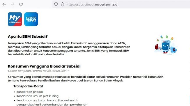 Masuk ke laman utama situs subsiditepat.mypertamina.id untuk dapatkan QR Code khusus bagi mobil yang dimiliki [website: subsiditepat.mypertamina.id].