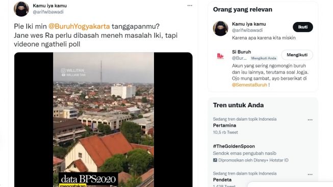 Tangkapan layar pembahasan UMR Jogja dan DKI Jakarta yang mendapat hujatan dari warganet. (Twitter/@arifwibawadi).