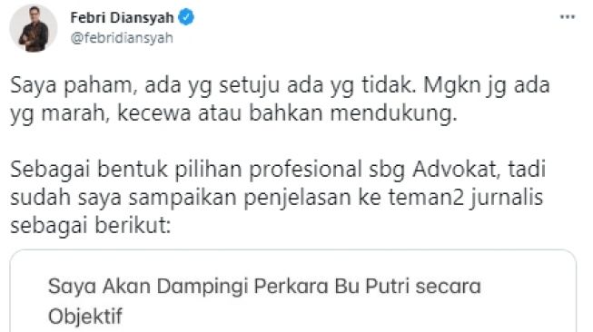 kicauan Febri Diansyah soal menjadi kuasa hukum Putri Candrawathi. [febri diansyah / Twitter]