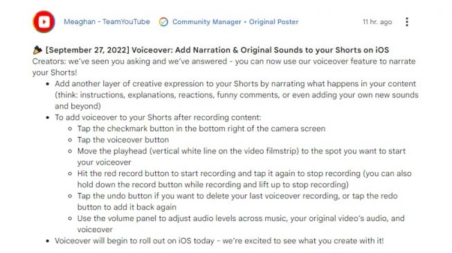 Fitur baru YouTube Shorts, Voiceover. [Google]