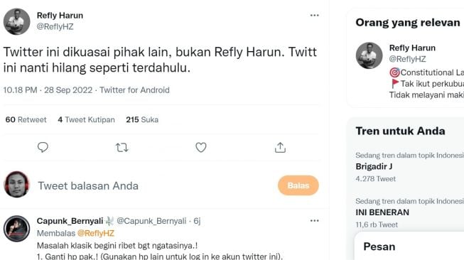 Tangkapan layar isi cuitan akun Twitter pengamat politik Refly Harun diretas hacker. (Twitter/@ReflyHZ)