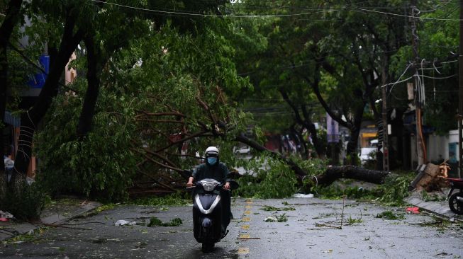 Seorang pria melewati pohon tumbang gegara topan Noru di kota Hoi An, provinsi Quang Nam pada Rabu (28/9/2022). [Foto: Nhac NGUYEN / AFP]