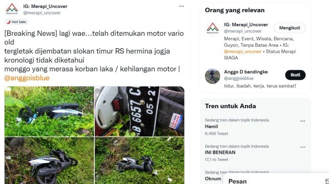 Warga Sleman Temukan Motor Dibuang di Semak-semak, Polisi Sebut Diduga Digunakan untuk Selingkuh