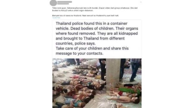 Unggahan hoaks yang menyebut penculikan anak-anak untuk dibawa ke Thailand dan diambil organ dalamnya. (Twitter)