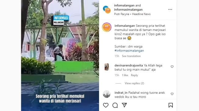 Viral Video Laki-laki Pukul Kepala Perempuan di Taman Merjosari Kota Malang