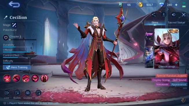Tampilan skin Crimson Wings Cecilion Mobile Legends. (YouTube / iCoCow)