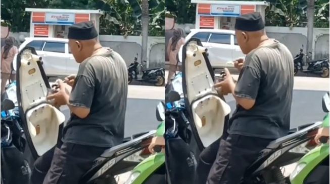 Bapak-bapak Makan Siang Sambil Isi Bensin (Instagram/@kepoin_trending)