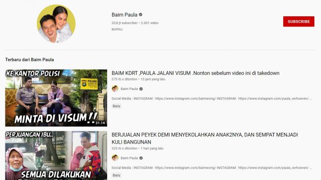 Tangkapan Layar konten YouTube Baim Paula yang jadi bulan-bulanan publik (YouTube/ Baim Paula)