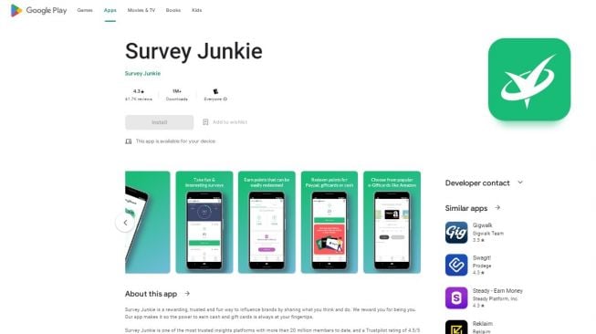 Aplikasi Survey Junkie di Google Play Store. (Screenshot)