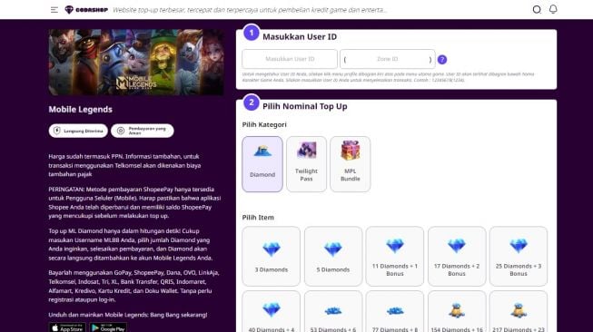 Tampilan top up Mobile Legends di Codashop. (Screenshot)